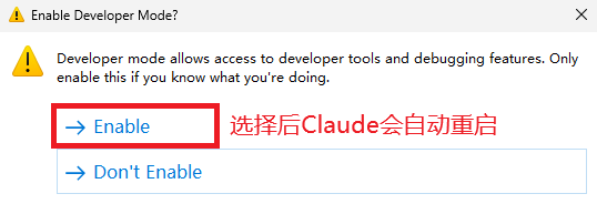 Confirm developer mode and restart Claude