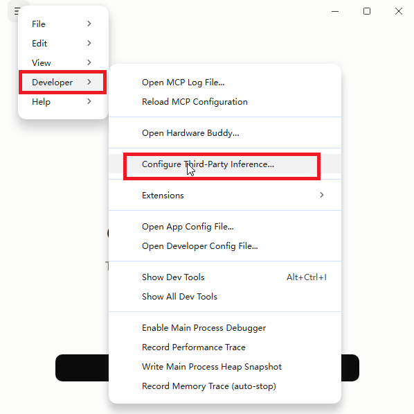 Open third-party inference settings from the Developer menu
