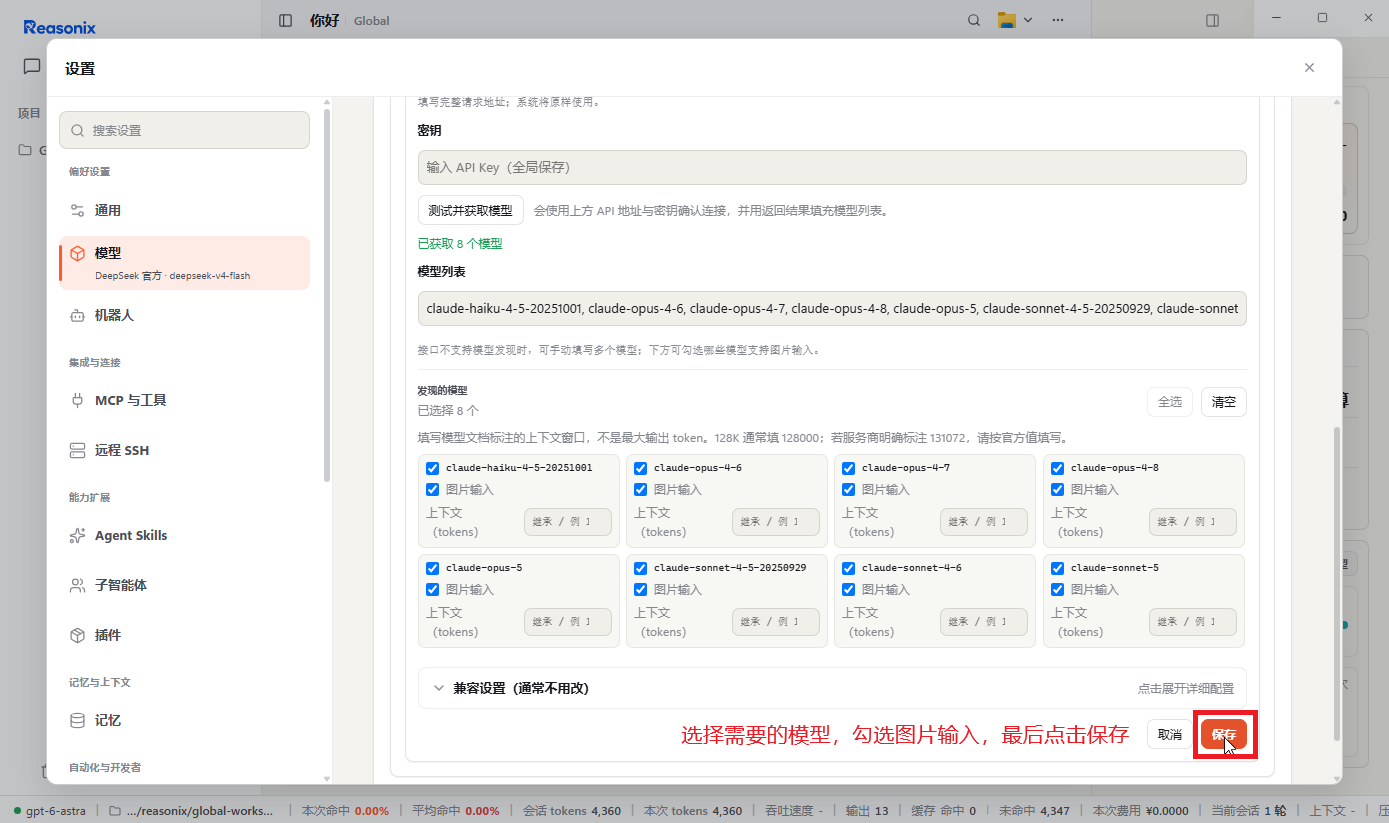 选择 Claude 模型并勾选图片输入后保存